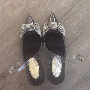 Express Black and Silver Women's Shoes Rhinestone Clear  slingback 7
